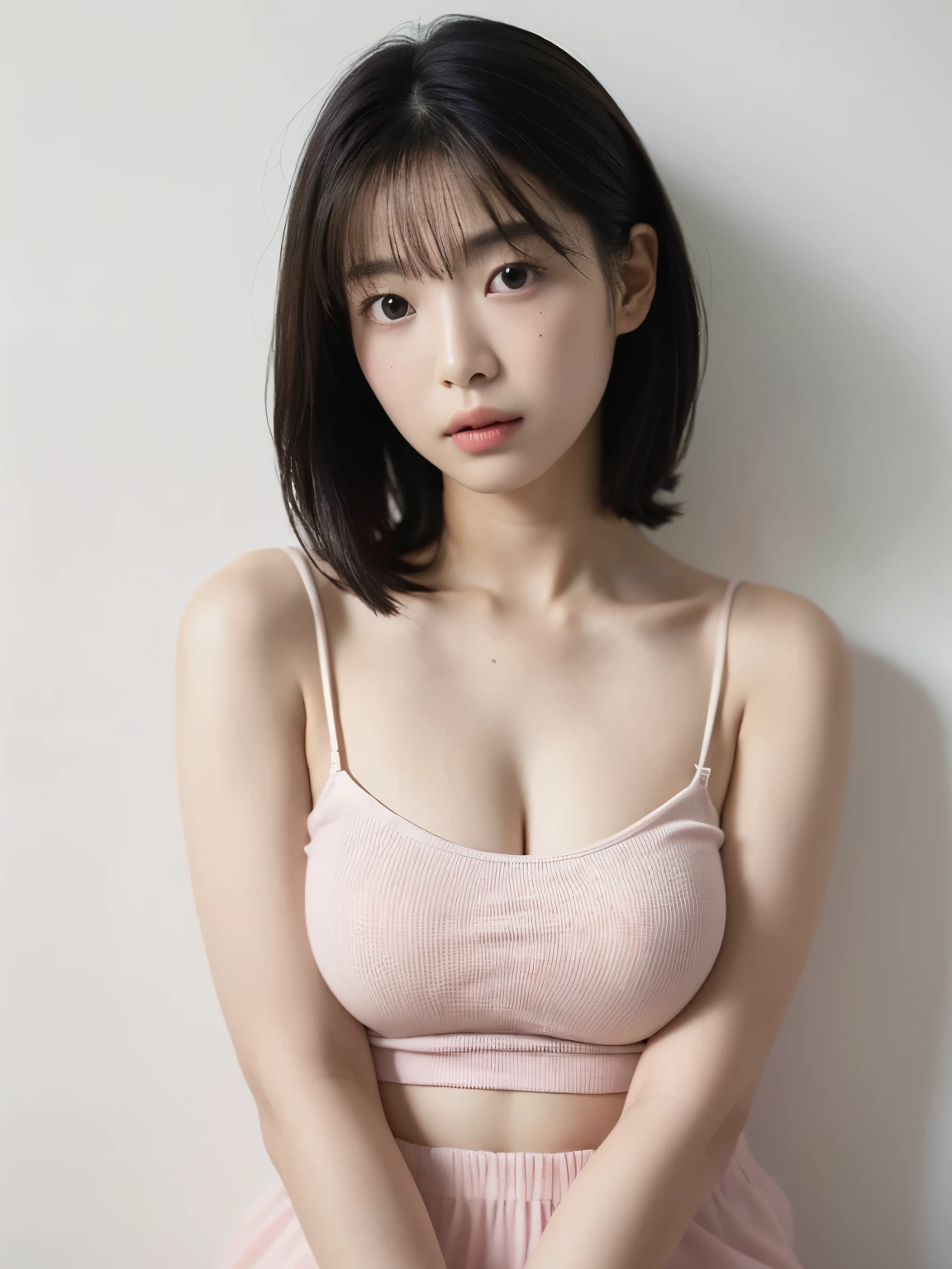 See-through tops、big breasts、Plump thighs、Camisole、Sleep Bottoms、(背景にwhite wall、Part of her hair is baby pink:1.4)、white wall、Taken in front of the white door、(窓のあるwhite wallの部屋)、((highest quality、8K、masterpiece:1.3))、ultra high resolution、(photorealistic:1.4)、raw photos、Japanese,(details face)、real、Shot in natural light、Highly detailed face and skin texture、highly detailed lips、correct state of the human body、medium hair、black hair、various poses、natural color lip