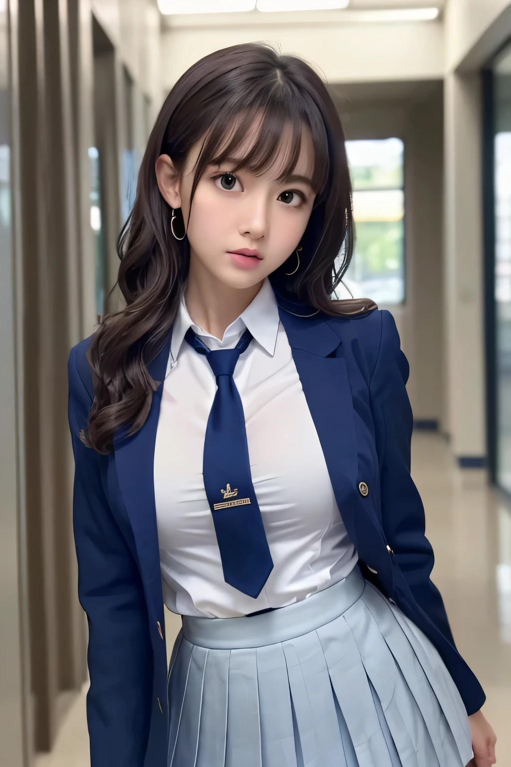 8K, highest quality, real image, intricate details, Super detailed, ultra high resolution, depth field,(realistic,realistic:1.2),table top , frontal shot , From the middle , 1 girl, eye_Chan, very beautiful 17 year old girl, innocent big eyes,、beautiful breasts:1.5、非常に詳細なeye:1.2)、(beautiful breasts:1.1)、wavy hair、curly hair、bangs、, perfect skin, Fair skin, cleavage, tight waist, huge breasts、light blush, alone、 (looking at the viewer, anger)、((School_uniform),(dark blue blazer), (white shirt、Wearing a tie), (gray pleated skirt), (sculpture installation :1.1)、High School Hallway