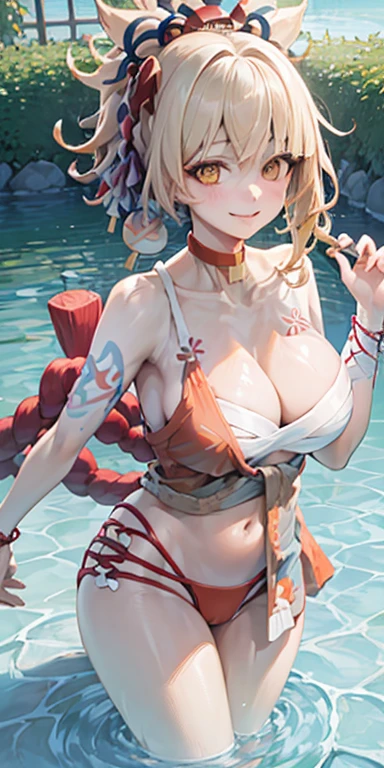 2 girls of the same height smiling in the water in the bathtub,No teeth exposed. Female twins, bright colors,natural lighting, best quality, Chest to chest, Put your left arm around the other person's waist, sunny masterpiece, Navel exposed, blush, Navel exposed, swimsuit, full, super, Next to each other, The breasts are close to each other, Two slender girls squeezed their breasts into a huge slit