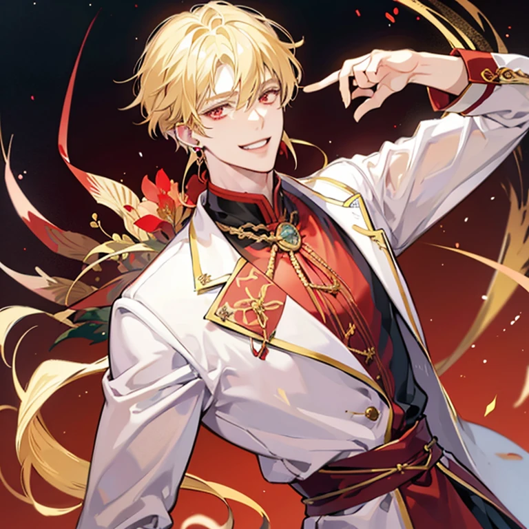 1 blonde anime guy,red eyes, blazer, handsome anime pose, Blonde madman,grin and laugh,nihilistic smile, 背が高い red eyes,star motif earrings,upper body up