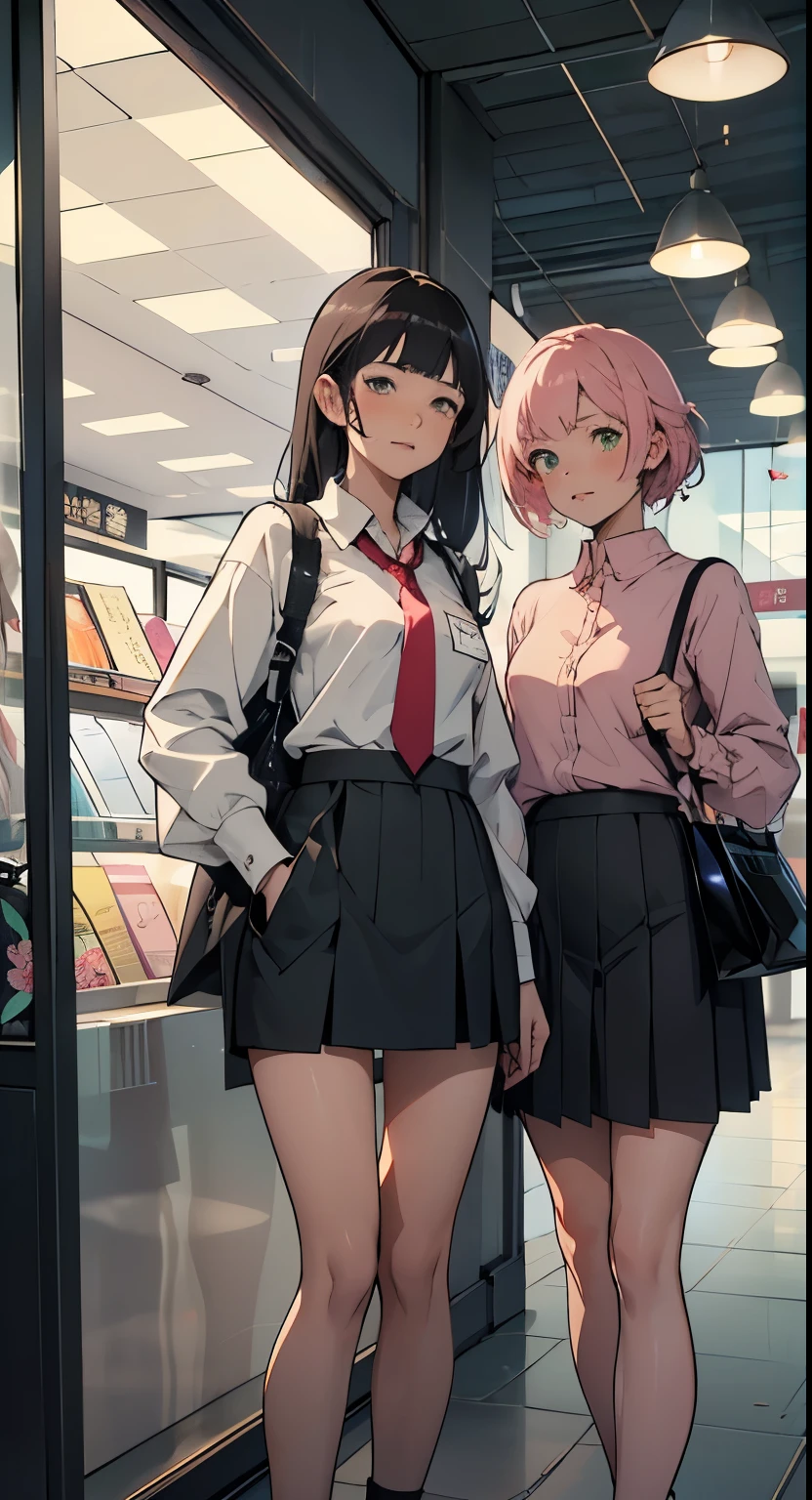 2 girls, pink short hair, lgreen eyes，Small satchel, (office attire: 1.5), Japanese anime style, night, (Stand in front of the store: 1.5), collared long sleeve shirt, hip-covering skirt, top down camera, long black hair, pleated skirt, butterfly tie