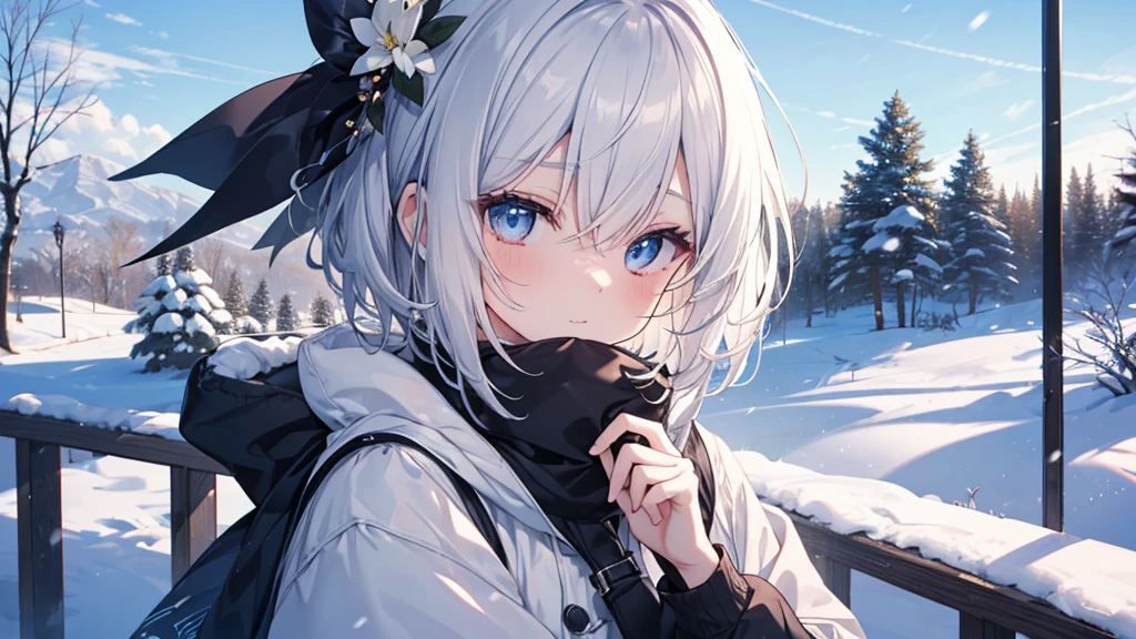 super high quality, with a girl, 20-year-old, very short hair, long bangs between the eyes, pale blue eyes , blue sky, sunlight, very detailed,(masterpiece、highest quality)、alone、gray hair、laughter、White skin as clear as snow、fantasy, silver hair, black eye, beautiful eyes,, ecstasy, charm, be smitten with audience, fantasyな風景、snow scene、white muffler、mouth is covered with a muffler