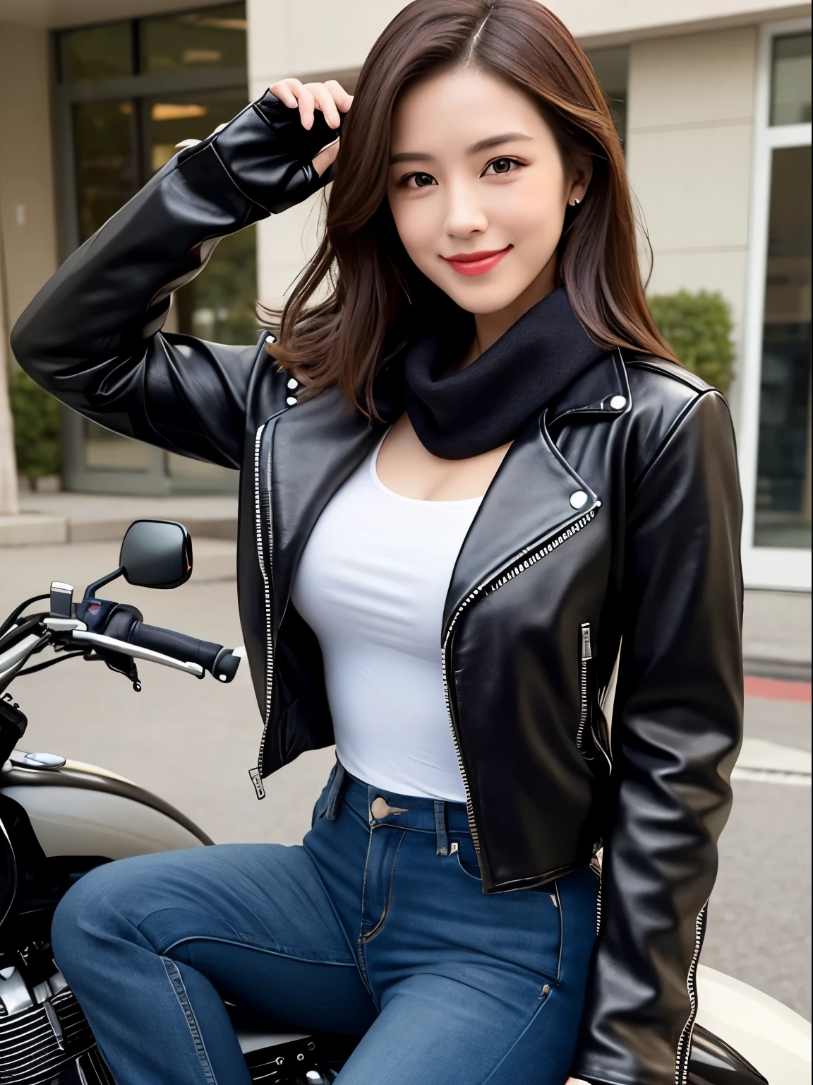 clear image、Photo of a woman wearing a leather biker jacket、smile、A woman astride a detailed full cowl large motorcycle