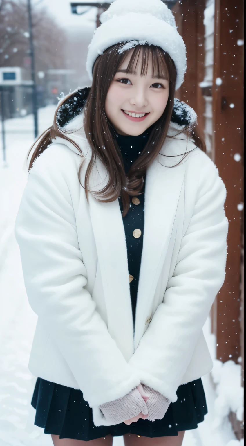 ((snow scene))、warm coat、Full body Esbian、laughter、(masterpiece、highest quality) 、cute、(big breasts:1.2)、((20 year old woman:1.ung adorable japanese face, ,soft portrait shot,In 8K,、Young and cute gravure idol