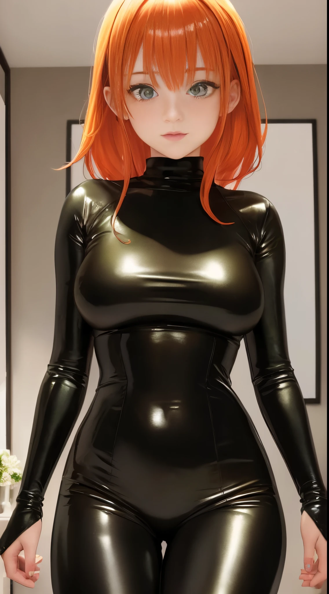 masterpiece, Best quality, ultra detailed, beautiful lighting, 1 girl, mother, orange hair, green eyes, freckles, turtleneck top, Looking at the viewer, Black latex leggings