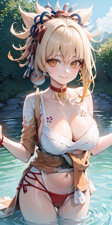2 girls of the same height smiling in the water in the bathtub,No teeth exposed. Female twins, bright colors,natural lighting, best quality, Chest to chest, Put your left arm around the other person's waist, sunny masterpiece, Navel exposed, blush, Navel exposed, swimsuit, Next to each other, The breasts are close to each other, 2 slender girls, their breasts are squeezed into a slit huge breast 2 girls