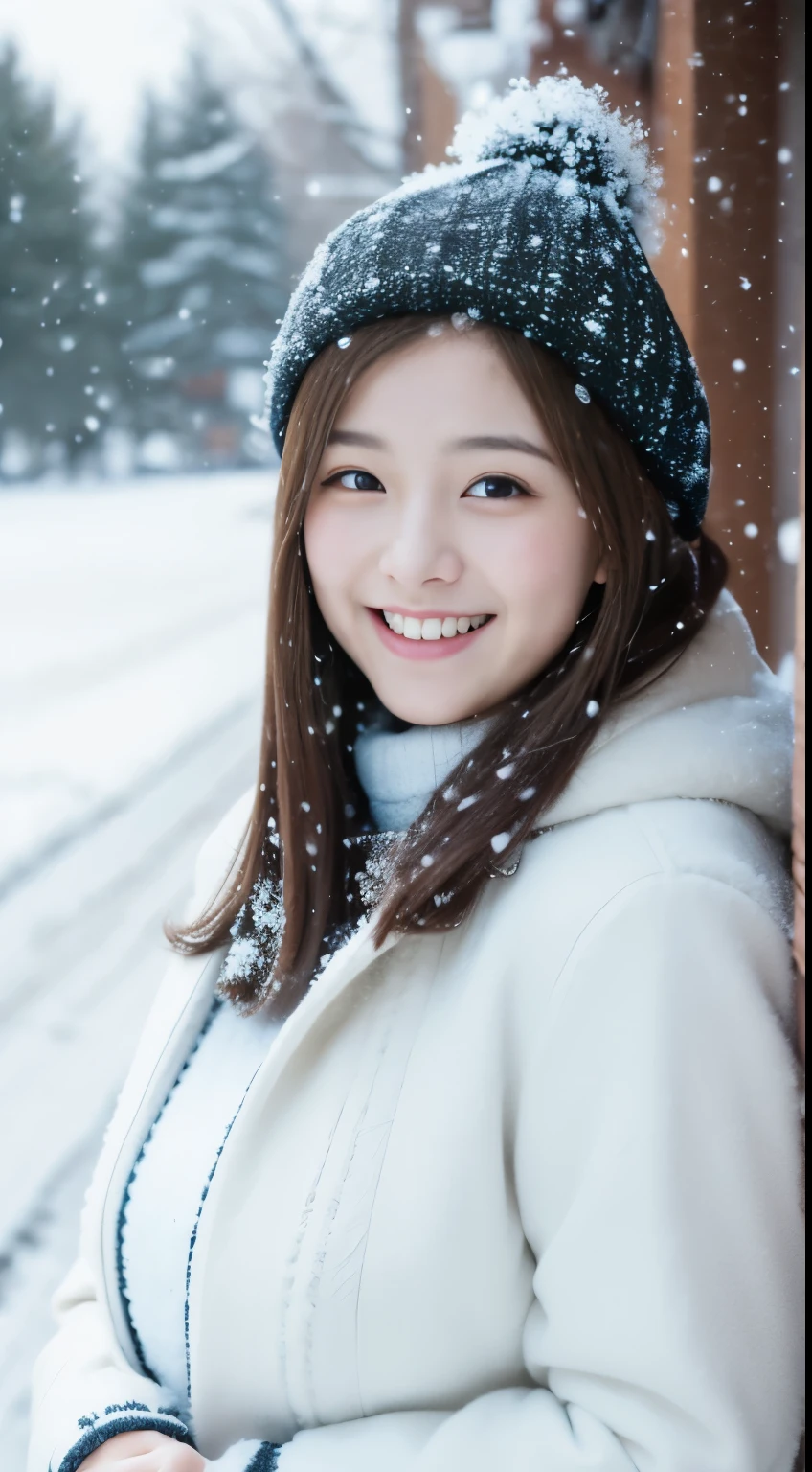 ((snow scene))、warm coat、Full body Esbian、laughter、(masterpiece、highest quality) 、cute、(big breasts:1.2)、((20 year old woman:1.2))、young adorable japanese face, ,soft portrait shot,In 8K,、Young and cute gravure idol