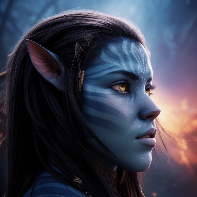 avatar style, portrait:1.6, 1girl, female, (blue skin tone:1.0), (long hair:1.0), one pair of pointy ears:1, long hairstyle, black hair color, 18 years old:1, face wrinkles, wearing tribal clothing, wearing a top:1, detailed eyes, toned body, glowing, ethereal atmosphere, dreamy lighting, otherworldly beauty, (best quality, highres), ultrarealistic, skin details, striped skin, sfw, ultradetailed body, simple background, avtr:1