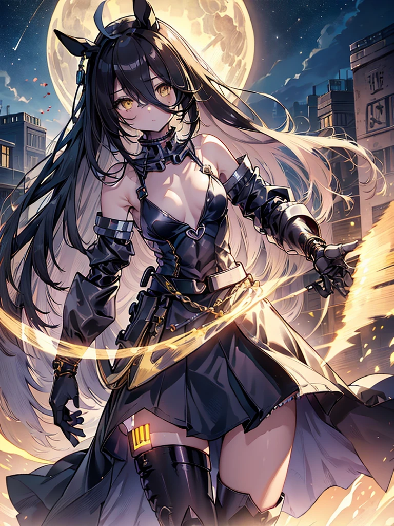 masterpiece、highest quality、light particles, Super detailed, In 8K,(bright colors:1.2), (1 woman),manhattan cafe(Umamusume)、(horse ears、majiriwei、Horse Girl)、((White ahoge))、((long black hair)),long black bangs passing between the eyes,,,,,shiny hair, shiny skin, ((Beautiful yellow eyes)), slanted eyes, glossy eyes、(((small breasts)))、((long dress armor))、mechanical arm、off shoulder、groin、(((cowboy shot)))、((((cyborg))))、thighs、Moonlight、full moon,starry ski