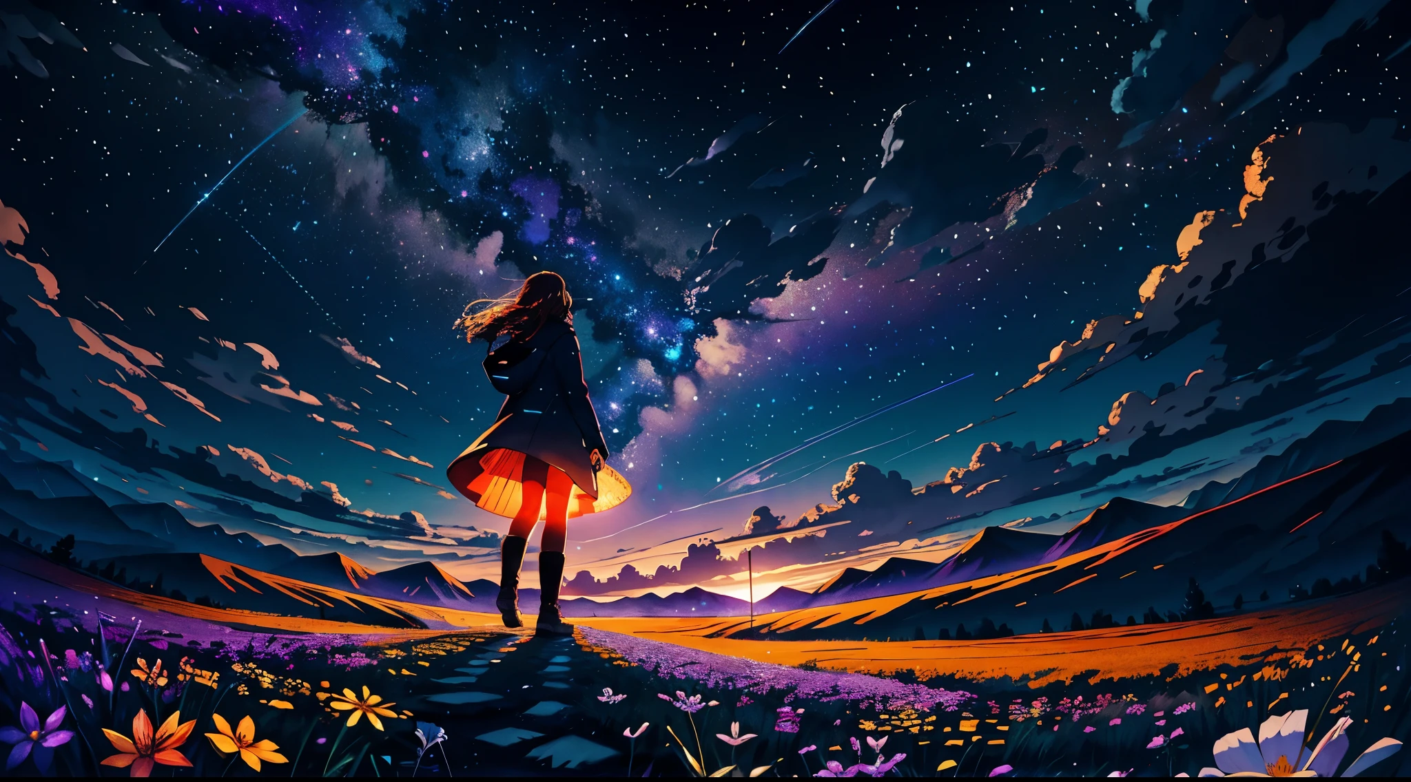 Vast Landscape Photo,(look below,Above is a fantastic sky,Below are open fields),A girl stands on a flower field and looks up,(full moon:1.2),(Meteors:0.9),(Star Cloud:1.3),Far Mountain, Tree BREAK Art Creation,(Warm light source:1.2),(Firefly:1.2),lamp lights,Lots of purple and orange,complex parts,volumetric lighting BREAK(the masterpiece:1.2),(better quality),4K,Ultra - Details,(dynamic compositions:1.4),rich in detail,infinity of colors,(The heart will laugh:1.2),(With bright light,Atmospheric lighting),magicl dream,magic,(One:1.2)