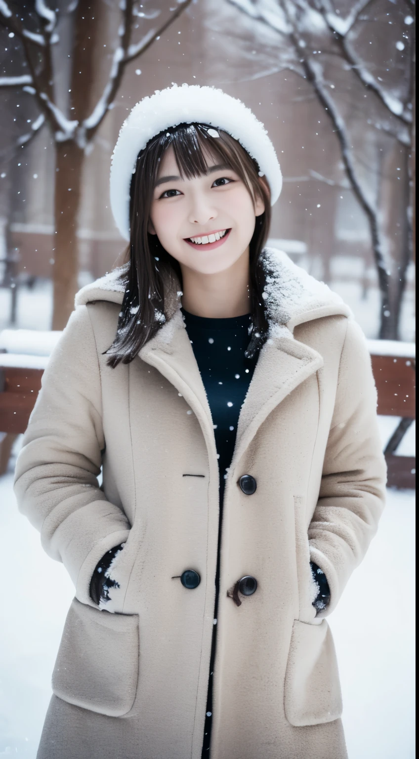 ((snow scene))、warm coat、Full body Esbian、laughter、(masterpiece、highest quality) 、cute、(big breasts:1.2)、((20 year old woman:1.2))、young adorable japanese face, ,soft portrait shot,In 8K,、Young and cute gravure idol