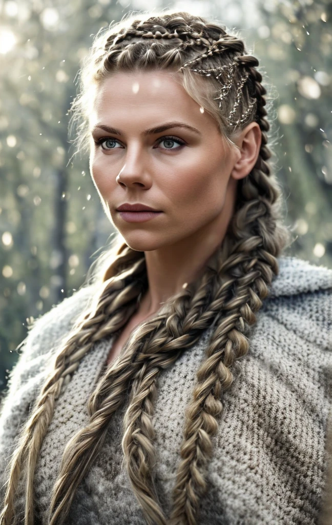 cinematic film still scandinavian girl, braided hair, viking, intense eyes, depth of field, blurry background, voluminetric light, 8k wallpaper, snow, trees, sunshine,  . shallow depth of field, vignette, highly detailed, high budget, bokeh, cinemascope, moody, epic, gorgeous, film grain, grainy