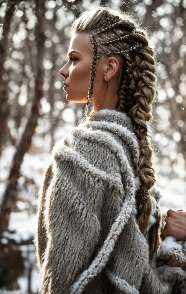 cinematic film still scandinavian girl, braided hair, viking, intense eyes, depth of field, blurry background, voluminetric light, 8k wallpaper, snow, trees, sunshine,  . shallow depth of field, vignette, highly detailed, high budget, bokeh, cinemascope, moody, epic, gorgeous, film grain, grainy