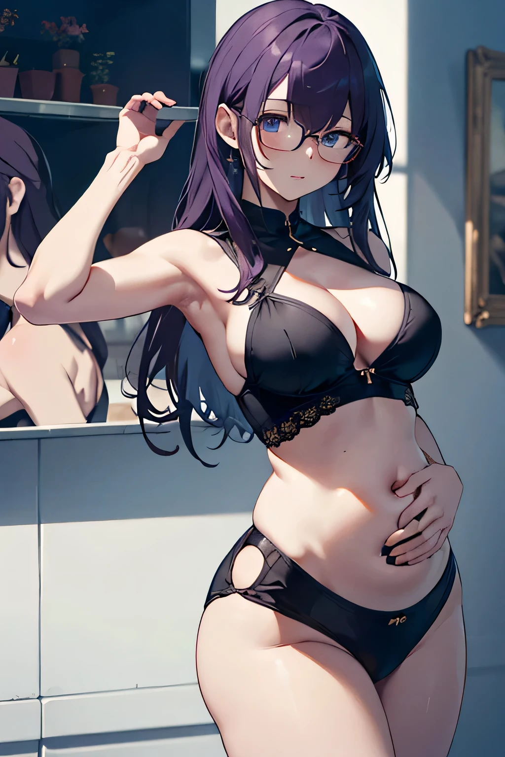 1girl, , UHD, retina, masterpiece, ccurate, anatomically correct, textured skin, super detail, high details, high quality, award winning, best quality, highres, HD, 4K,(anime,8k,masterpiece, top quality, best quality,beautiful and aesthetic:1.2,professional illustrasion:1.1,ultra detail:1.3,perfect lighting),extremely detailed,highest detailed,incredibly absurdres,highres,ultra detailed,intricate:1.6, cute pose, breast pressed clothes, glasses, 5 months preganant, slightly purple hair in the back