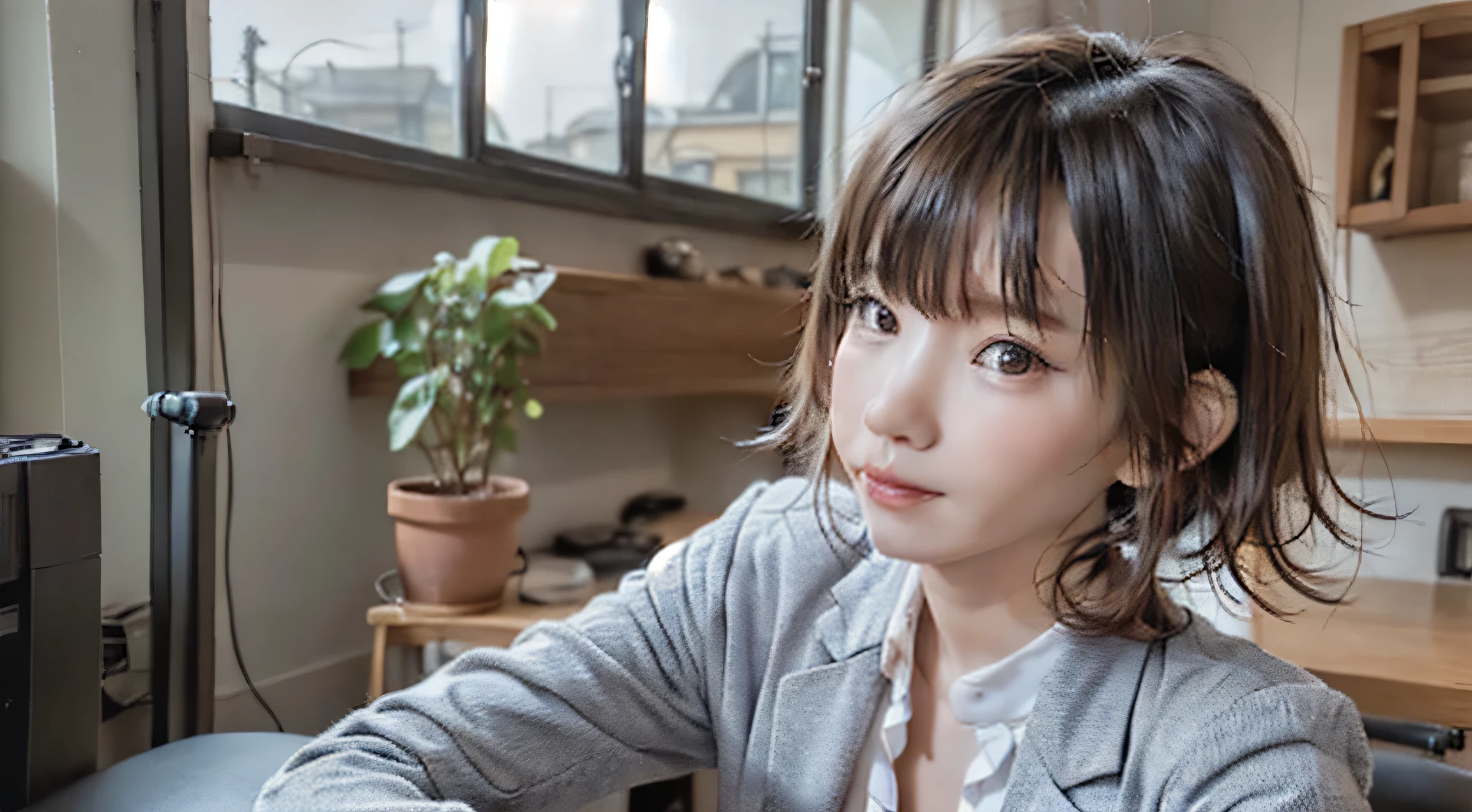 Woman at computer, profileのポートレート, リアルなの女の子のprofile, エレガントなprofileのポーズ, profileのポーズ, beautiful japanese girl face, Portrait of a 28 year old Japanese man, かわいい女の子のprofile, ( profile ) profile, young japanese woman, In front of a computer, 女性のprofile、looking at computer、Business Casual、Beautiful leg form、Typing on the keyboard on a desk computer、looking at the computer in front of me、profile photo、 Office Casual、Gray jacket、small necklace、Large office background、Features contemporary design furnishings,You can see skyscrapers outside the window、Sunny day、