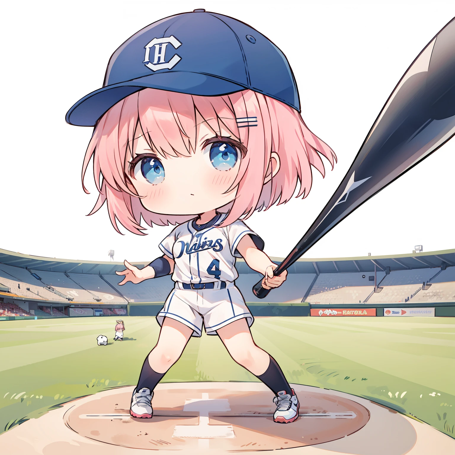 ((chibi:1.5)), (masterpiece), (best quality), high resolution, ultra detail, photorealistic, 8K
BREAK
1girl, cute girl, shiny body, shiny skin, middle breasts), pink hair, short bob hair, hairband, blue eyes, baseball uniform, baseball cap
BREAK
female baseball player, batting, hitting, hit a home run, serious, baseball Ground