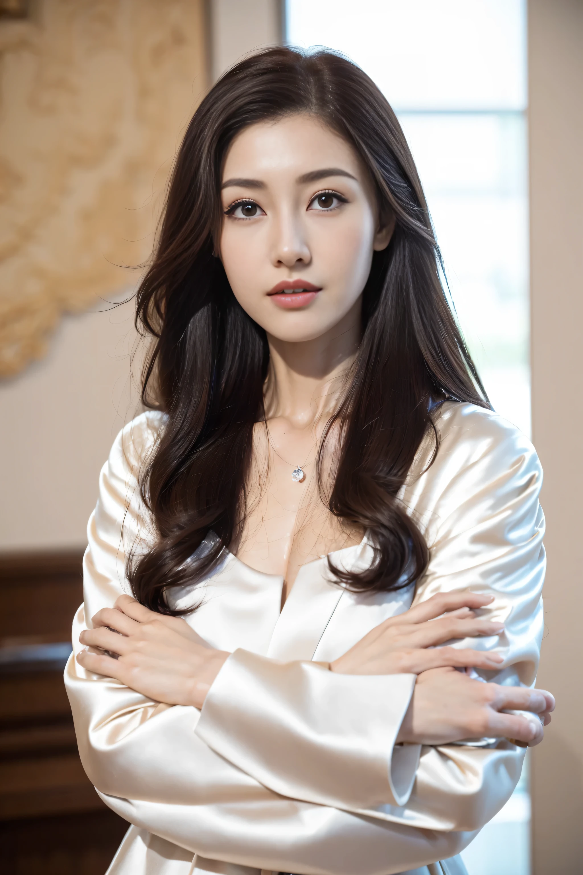 nice images,clear focus,perfect brown eyes,Bright red lips,long hair,Home,Look head-on,Complete pose,Wonderful faces..,look beautiful。,(((White formal wear))),extra focus,Radiant face,facial details,8K resolution,
