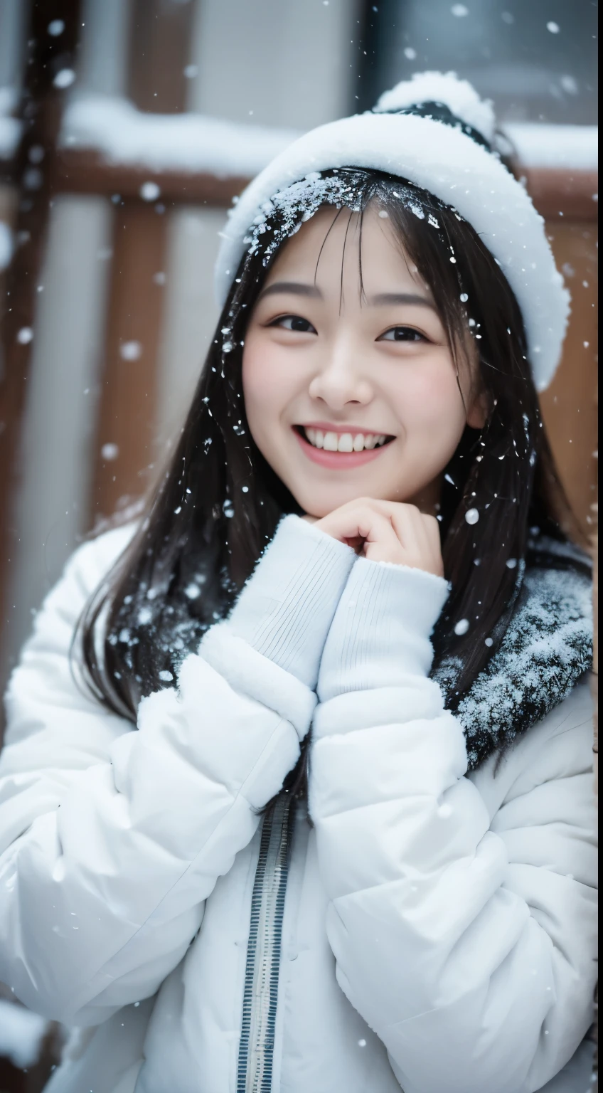 ((snow scene))、warm coat、Full body Esbian、laughter、(masterpiece、highest quality) 、cute、(big breasts:1.2)、((20 year old woman:1.2))、young adorable japanese face, ,soft portrait shot,In 8K,、Young and cute gravure idol