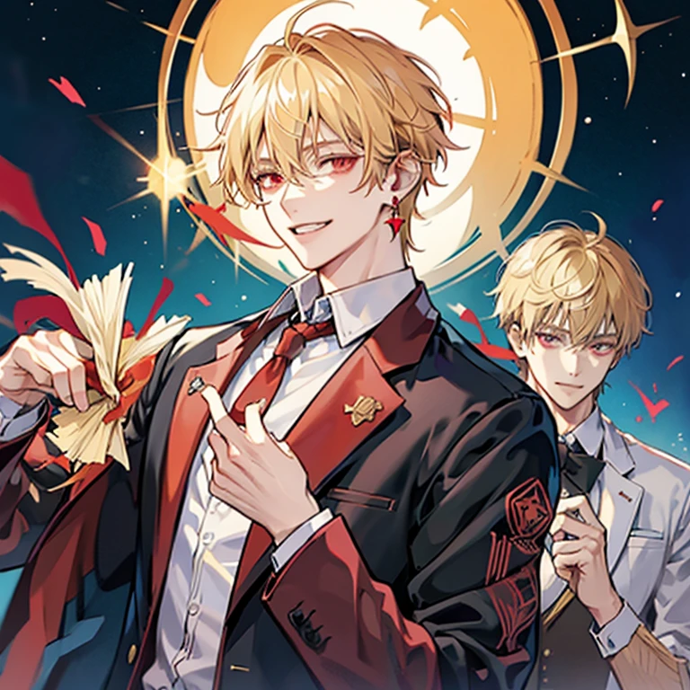 1 short blonde anime guy,red eyes, blazer, Blonde madman,grin and laugh,nihilistic smile, 背が高い red eyes,Star-shaped earrings,upper body up