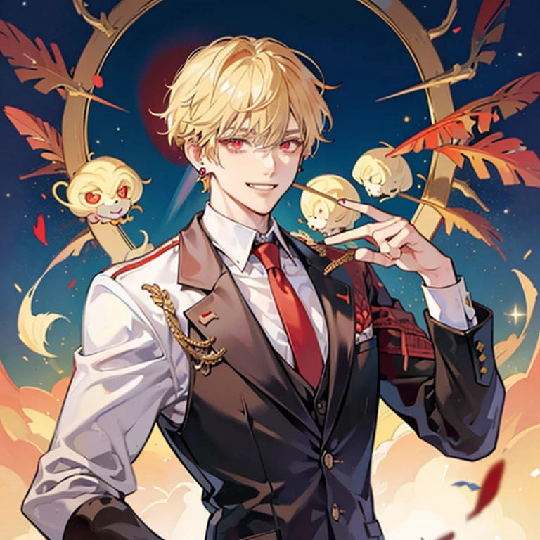1 short blonde anime guy,red eyes, blazer, Blonde madman,grin and laugh,nihilistic smile, 背が高い red eyes,Star-shaped earrings,upper body up