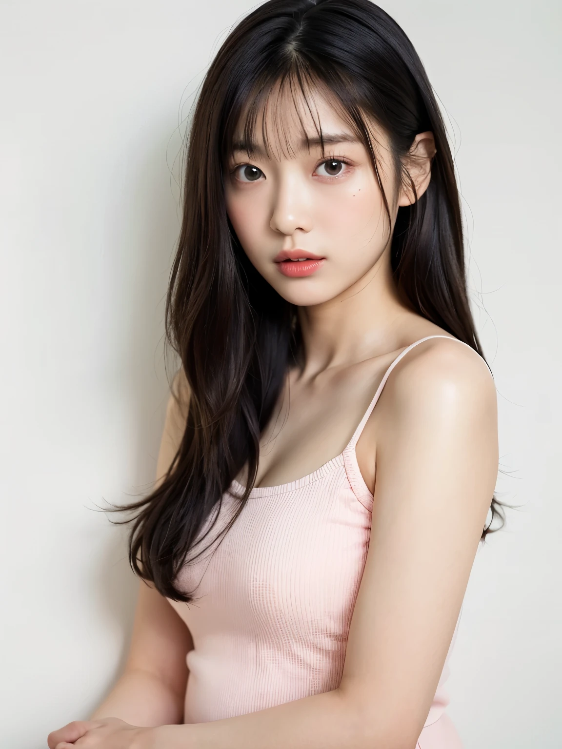 See-through tops、big breasts、Plump thighs、Camisole、Sleep Bottoms、(背景にwhite wall、Part of her hair is baby pink:1.4)、white wall、Taken in front of the white door、(窓のあるwhite wallの部屋)、((highest quality、8K、masterpiece:1.3))、ultra high resolution、(photorealistic:1.4)、raw photos、Japanese,(details face)、real、Shot in natural light、Highly detailed face and skin texture、highly detailed lips、correct state of the human body、medium hair、black hair、various poses、natural color lip
