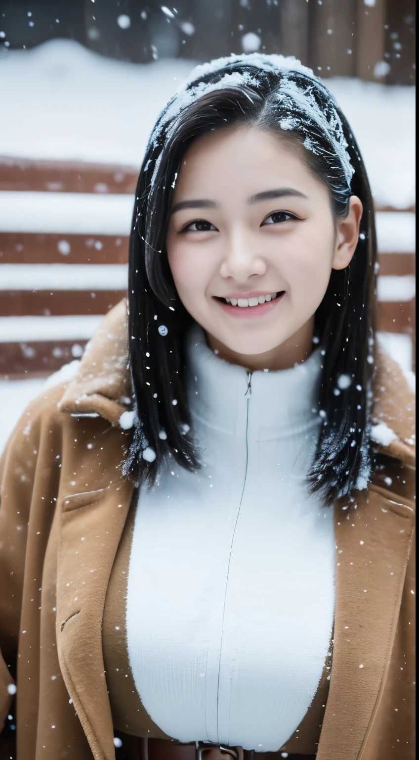 ((snow scene))、warm coat、Full body Esbian、laughter、(masterpiece、highest quality) 、cute、(big breasts:1.2)、((20 year old woman:1.2))、young adorable japanese face, ,soft portrait shot,In 8K,、Young and cute gravure idol