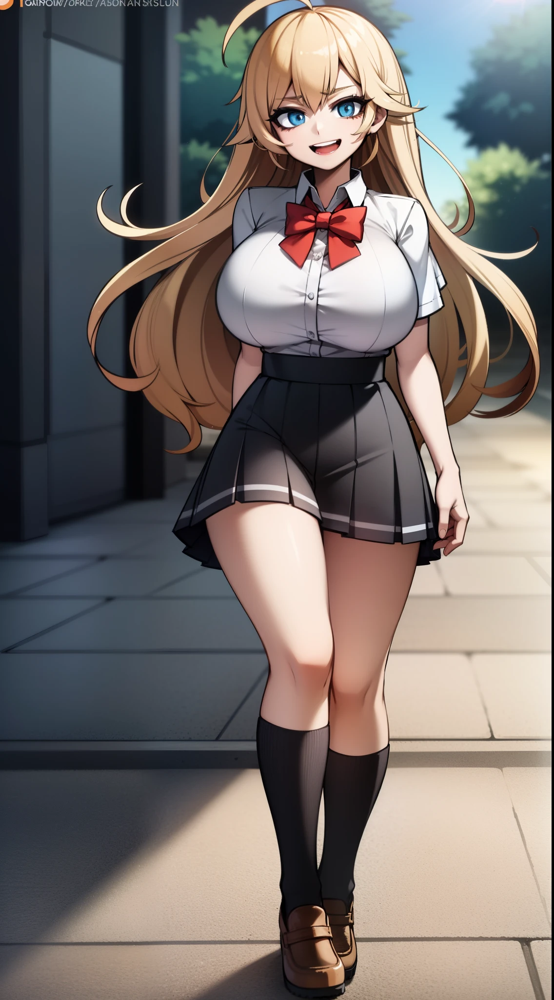 large breasts (weight: 1.5),
an anime/cartoon character wearing a girls school uniform walking upright with straight posture and an open mouth, 1girl, solo, thigh-highs, Short sleeve shirt, ahoge, long hair, hand on hip, full body, bow, school uniform, looking at viewer, bowtie, shoes, loafers, ribbon, (very short skirt:1.4),
official art, extremely detailed CG unity 8k wallpaper, perfect lighting,Colorful, Bright_Front_face_Lightinasterpiece:1.0),(best_quality:1.0), ultra high res,4K,ultra-detailed,
photography, 8K, HDR, highres, absurdres:1.2, Kodak portra 400, film grain, blurry background, bokeh:1.2, lens flare, (vibrant_color:1.2)
, (beautiful_face:1.5),(narrow_waist), (Beautiful,Huge_Breasts:1.3)