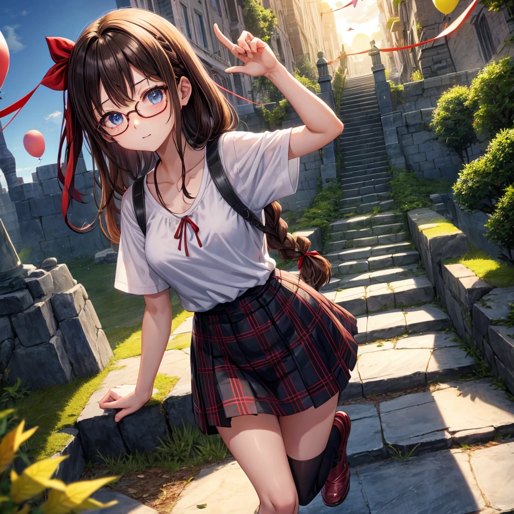 black brown hair、Red-blonde、blue eyes、Braid、one good looking girl、solo、anime、Plaid miniskirt、camisole、black t-shirt、Tilting your face、Doing the ribbon、Ribbon at waist、sunset sky、stone stairs、tunnel、Fallen leaves、wearing glasses、Burning、Light and shadow、maze、balloon、monster castle、lanthanum、corridor、Black socks、mossy stone