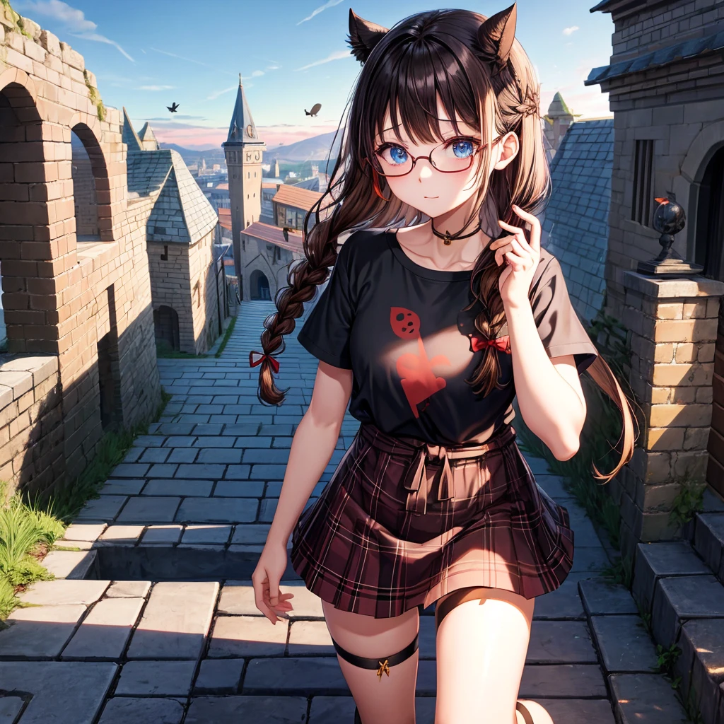 black brown hair、Red-blonde、blue eyes、Braid、one good looking girl、solo、anime、Plaid miniskirt、camisole、black t-shirt、Tilting your face、Doing the ribbon、Ribbon at waist、sunset sky、stone stairs、tunnel、Fallen leaves、wearing glasses、Burning、Light and shadow、maze、balloon、monster castle、lanthanum、corridor、Black socks、mossy stone