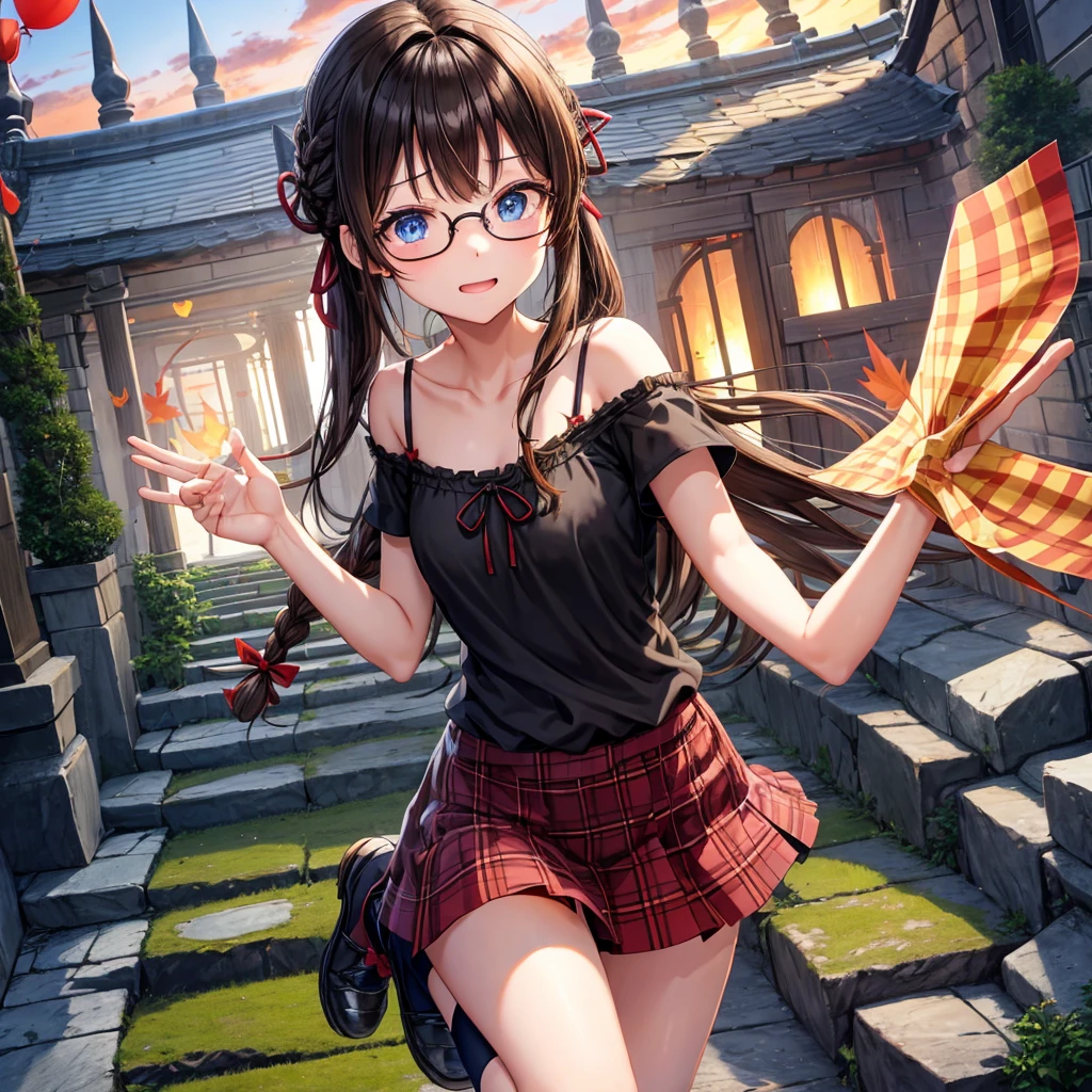 black brown hair、Red-blonde、blue eyes、Braid、one good looking girl、solo、anime、Plaid miniskirt、camisole、black t-shirt、Tilting your face、Doing the ribbon、Ribbon at waist、sunset sky、stone stairs、tunnel、Fallen leaves、wearing glasses、Burning、Light and shadow、maze、balloon、monster castle、lanthanum、corridor、Black socks、mossy stone