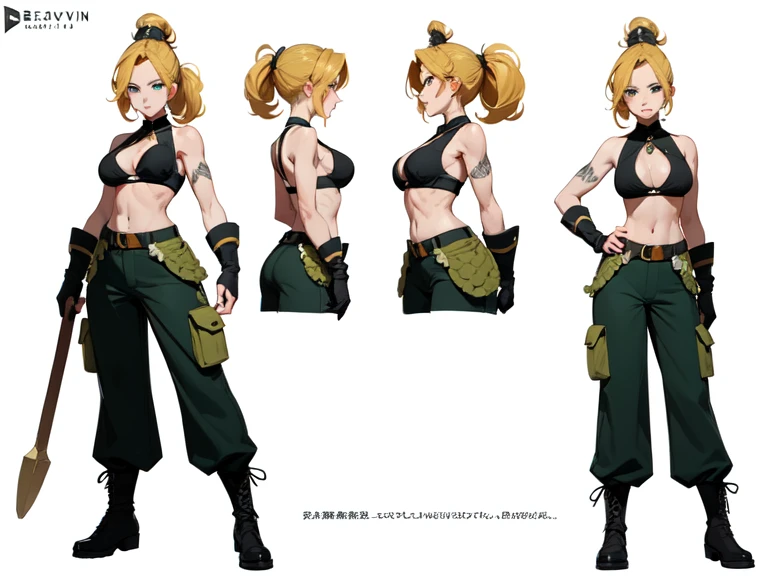 ((masterpiece)),(((best quality))),((character design sheet)), ((flat color, plain color)),concept, poses, masterpiece, best quality, highres, 1girl, baarbara, barbarian female, (beehive hairstyle:1.2), pompadour hairstyle, blonde hair, visible forehead, military gear, blue eyes, black ((black tube bra:1.1)), (black crop top), ((visible underboob)), green snake pants, large breasts, standing, blank background ,chara-sheet