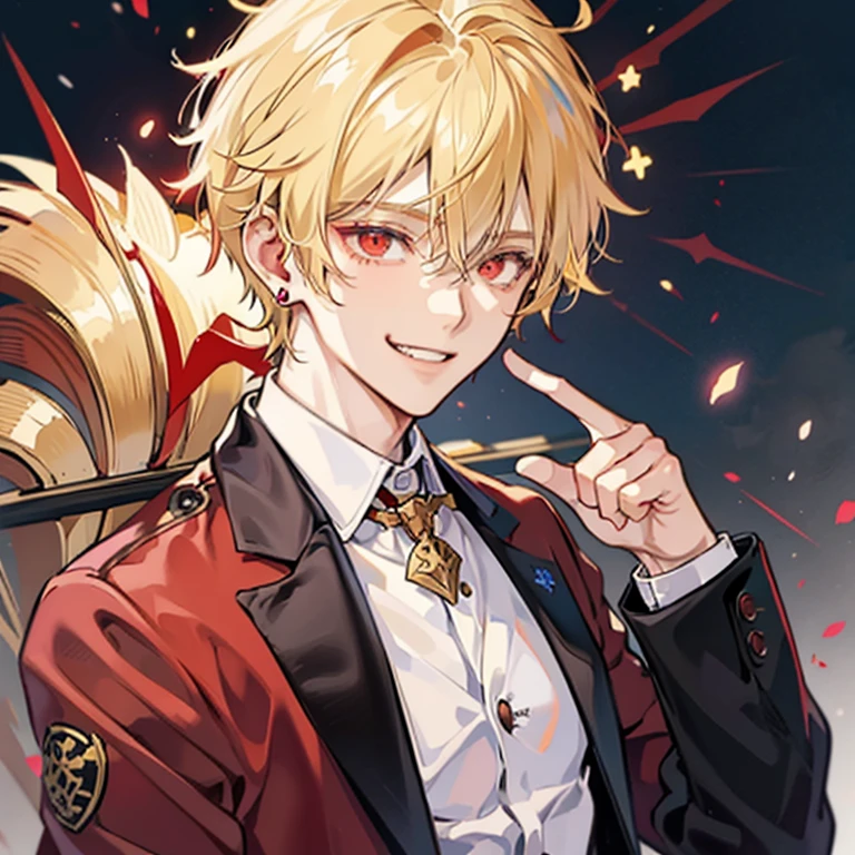 1 short blonde anime guy,red eyes, blazer, Blonde madman,grin and laugh,nihilistic smile, 背が高い red eyes,Star-shaped earrings,upper body up