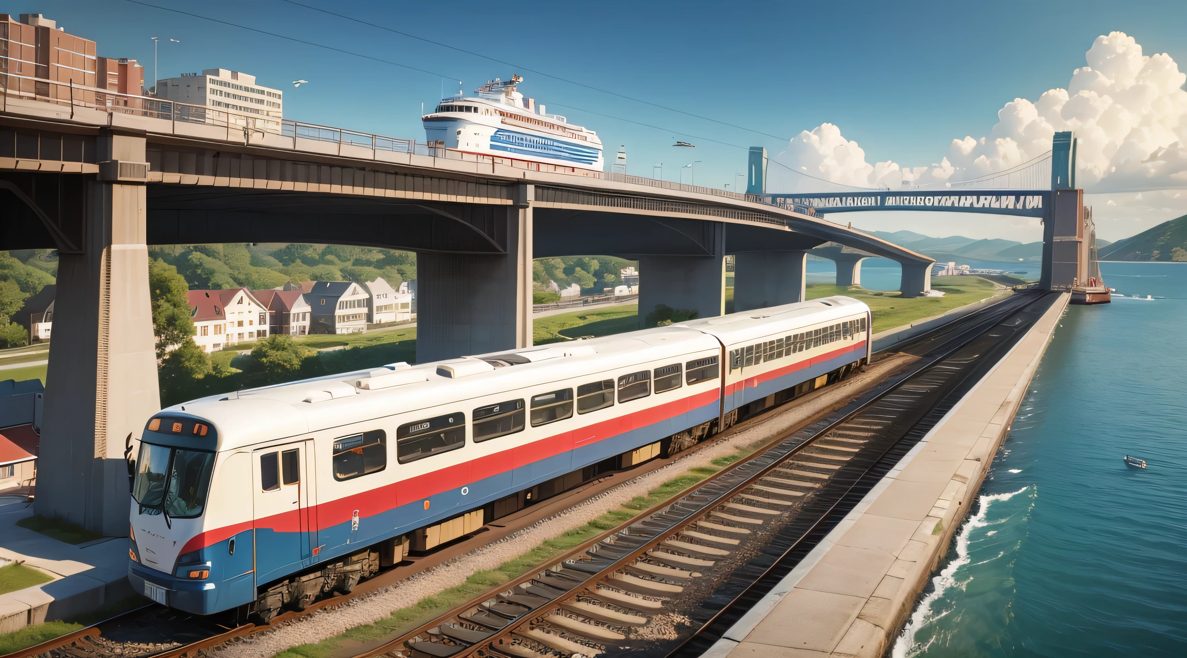 In the foreground, a bus is traveling along the road, in the middle plan, a train is traveling along the rails, a small ship is sailing in the background, and an airplane is flying high above it in the sky