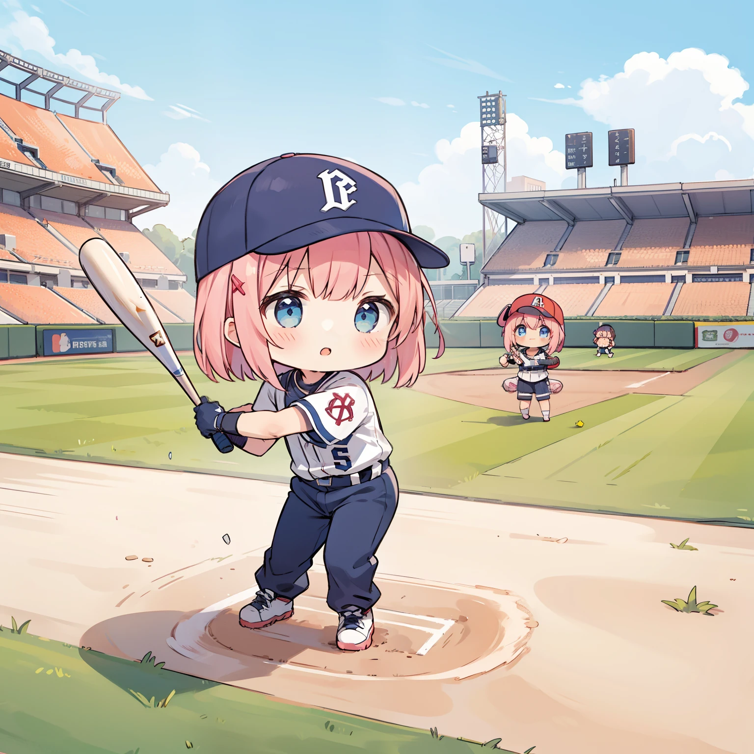 ((chibi:1.5)), (masterpiece), (best quality), high resolution, ultra detail, photorealistic, 8K
BREAK
1girl, cute girl, shiny body, shiny skin, pink hair, short bob hair, hairband, blue eyes, baseball uniform, baseball cap
BREAK
female baseball player, batting, hitting, hit a home run, serious, baseball Ground