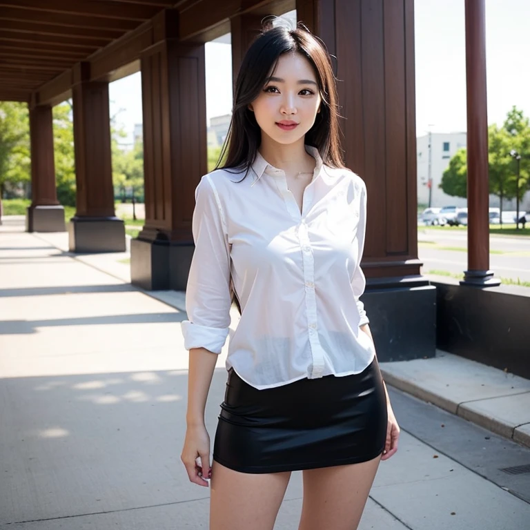 An mixed race 27 years old lady lawyer who loves to play outdoors, sexy and loves to laugh wearing a short skirt and a white blouse, her hair is a mix of red and black, she is blue eyed and has a serious face, her background is dreamy