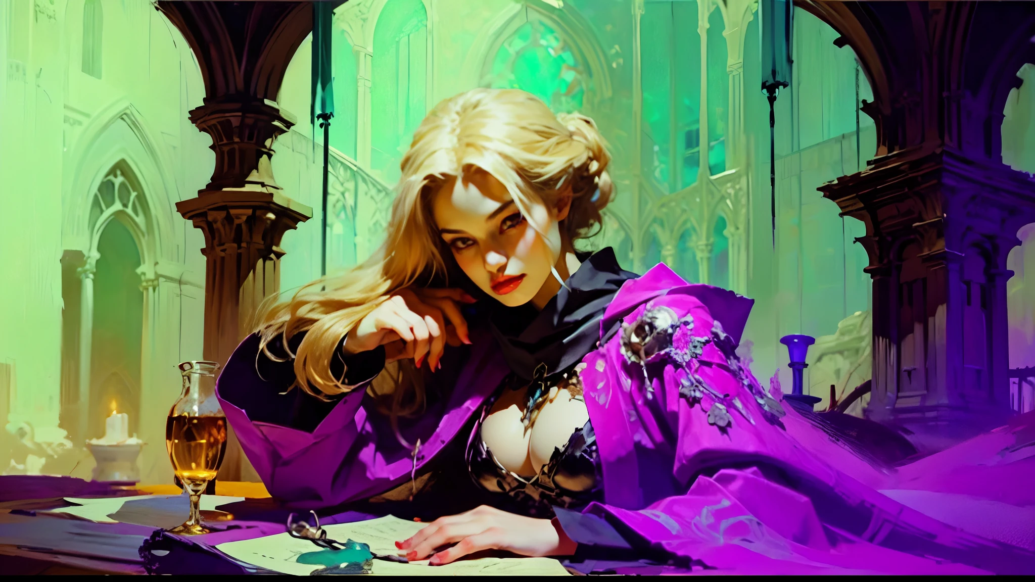 In this mesmerizing oil painting, a magenta-hued mauve-tinted swirling ethereal energies in dark digital brushstrokes highlights a female necromancer that materializes with an enigmatic presence. The image, rendered with stunning clarity and intricate details, (showcases the necromancer surrounded by her captured spirit's essence shown in swirling tendrils of light trying to flee from her presence). ( The necromancer's amber and teal colored robes, adorned with intricate patterns and shimmering runes, evoke a sense of arcane power). With (((piercing violet eyes))) that seem to peer into the depths of one's soul, ((the necromancer's pale and flawless complexion and blonde hair is juxtaposed with a touch of eerie luminescence)). This masterful artwork captures the mystique and allure of necromancy arts, drawing viewers into a world where magic and darkness intertwine. she is in a graveyard with crypts and grave stones. tall tree's 