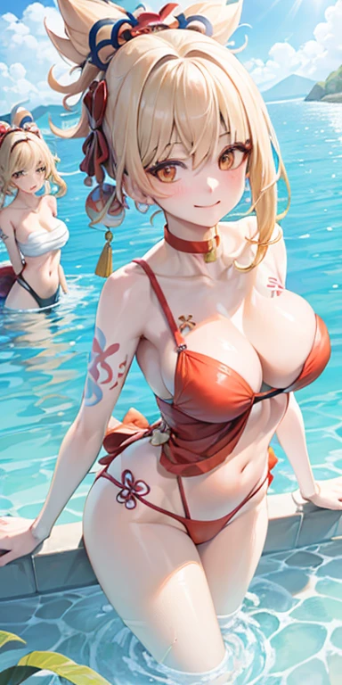 2 girls of the same height smiling in the water in the bathtub，No teeth exposed. Female twins， bright colors，natural lighting, best quality, ????? to ?????, Put your left arm around the other person's waist, sunny masterpiece, Navel exposed, blush, Navel exposed, swimsuit, full, super, Next to each other, The ??????? are close to each other, Two slim girls, their ??????? are squeezed into a slit, small ??????