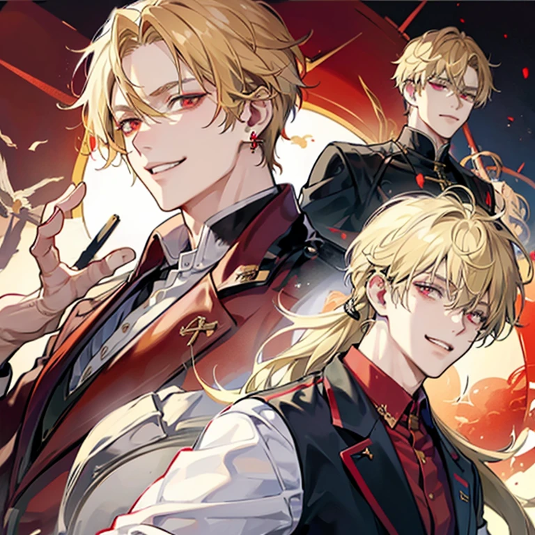 1 blonde anime guy,red eyes, blazer, Blonde madman,grin and laugh,nihilistic smile, 背が高い red eyes,Star-shaped earrings,upper body up