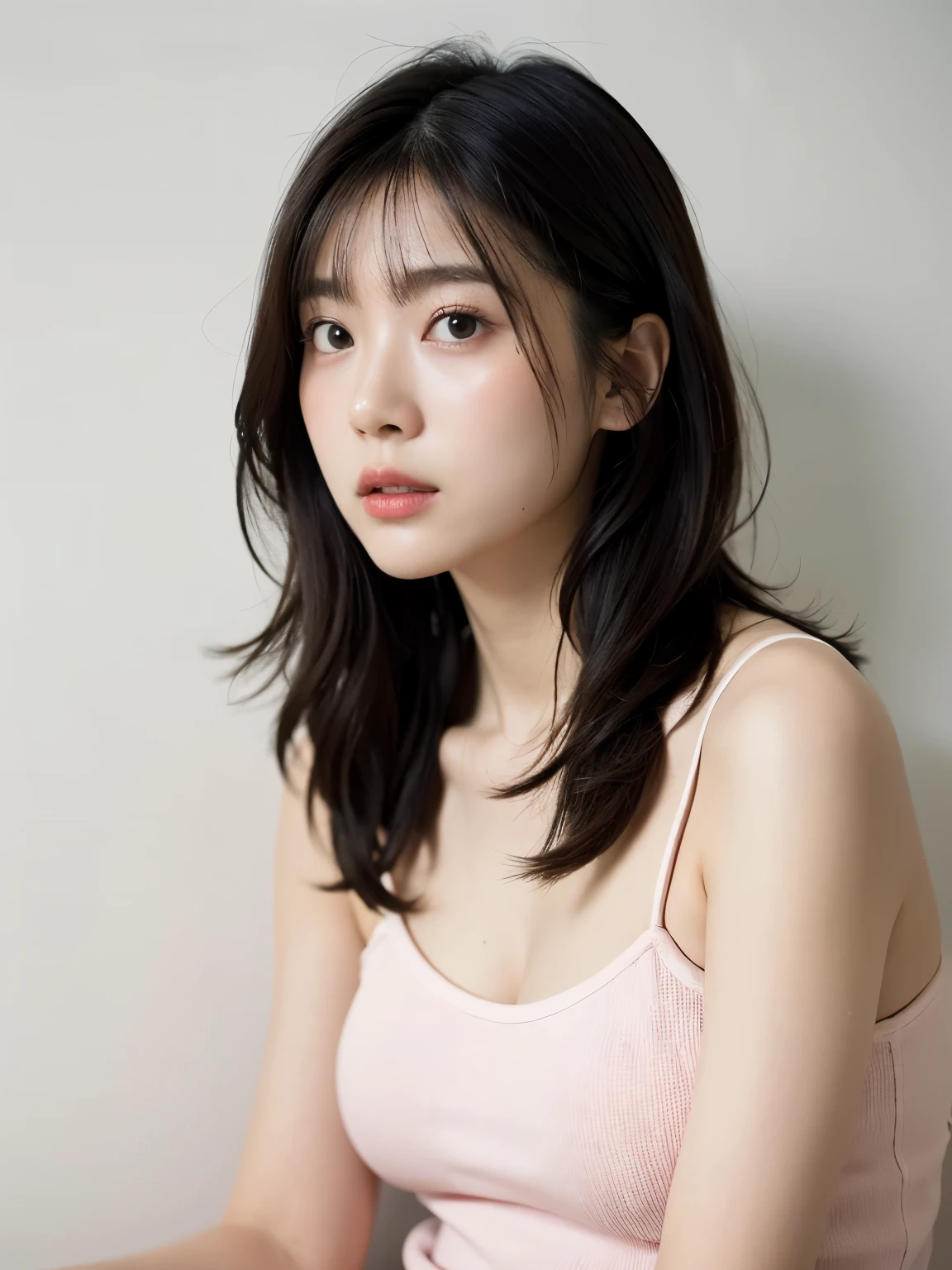 See-through tops、big breasts、Plump thighs、Camisole、Sleep Bottoms、(背景にwhite wall、Part of her hair is baby pink:1.4)、white wall、Taken in front of the white door、(窓のあるwhite wallの部屋)、((highest quality、8K、masterpiece:1.3))、ultra high resolution、(photorealistic:1.4)、raw photos、Japanese,(details face)、real、Shot in natural light、Highly detailed face and skin texture、highly detailed lips、correct state of the human body、medium hair、black hair、various poses、natural color lip