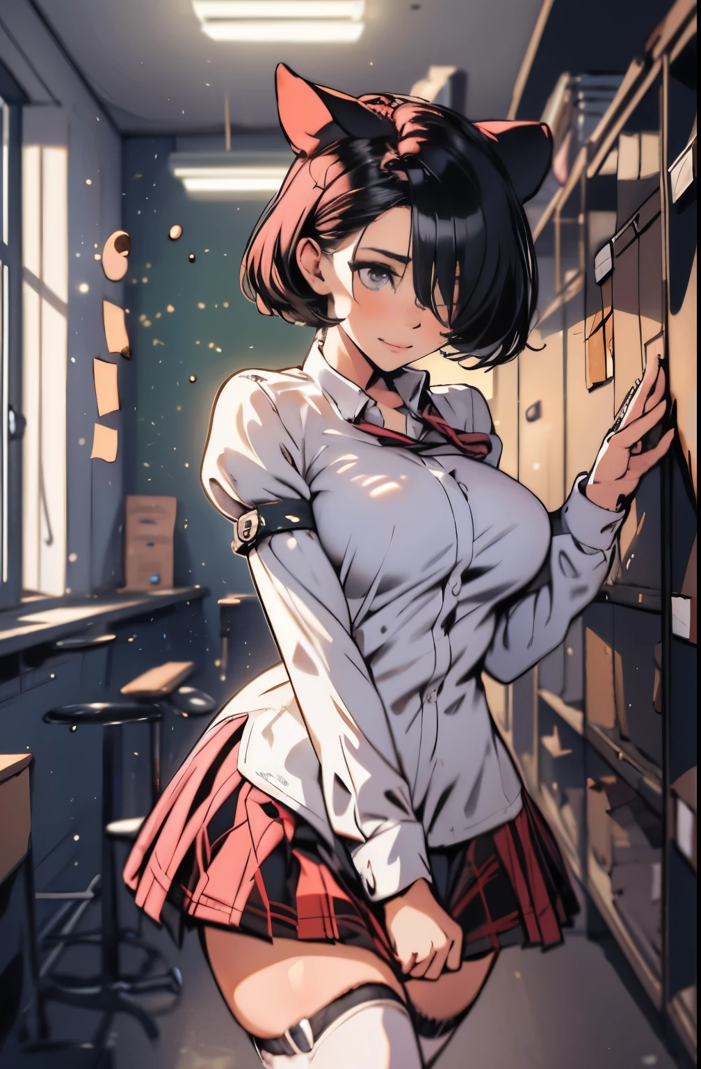 (best quality, highres:1.2), ultra-detailed, (realistic:1.37)
A high school girl with pink short hair, her bangs covering one eye, and her droopy eyes in a slightly melancholic expression. She has a petite frame with big breasts and thick thighs. She wears a school uniform, consisting of a white blouse, a pleated skirt, knee-high socks, and black shoes. Her panties are white, barely visible beneath the skirt. The background is a typical high school setting, with lockers, classroom doors, and bulletin boards. The lighting is soft and warm, casting a gentle glow on her face. The color palette is dominated by pastel shades, with hints of pink and blue. The overall atmosphere is nostalgic and dreamy, capturing the essence of youth and innocence. The level of detail is meticulous, capturing every strand of hair, fold of clothing, and subtle expression, resulting in a masterpiece of art.