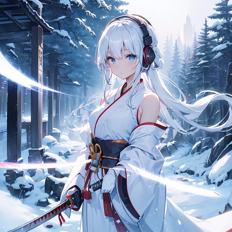 (((arms、Katana、armsを持つ))) (((Bewitching))),cinematic light, ((White world))((1 swordsman woman)),alone, ,whole body,colorful kimono、(machine-made),Expressionless,(headphones),fantasy、cute face、