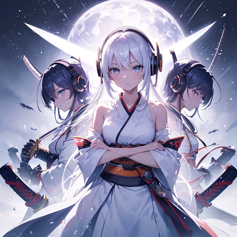 (((arms、Katana、armsを持つ))) (((Bewitching))),cinematic light, ((White world))((1 swordsman woman)),alone, ,whole body,colorful kimono、(machine-made),Expressionless,(headphones),fantasy、cute face、