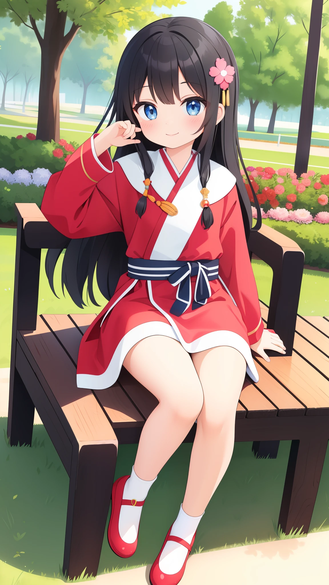 Hmong girls、Put your hand to your mouth and smile、full body Esbian、Sitting on a chaise lounge in the park、Distinctive ethnic hair ornaments、Characteristic ethnic shoes