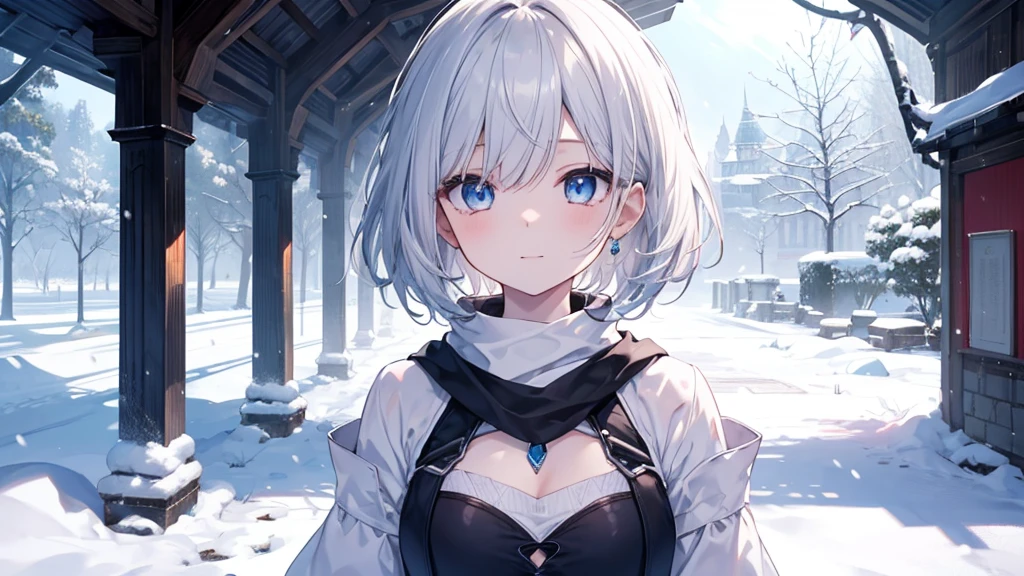 super high quality, with a girl, 20-year-old, very short hair, long bangs between the eyes, pale blue eyes , blue sky, sunlight, very detailed,(masterpiece、highest quality)、alone、gray hair、laughter、White skin as clear as snow、fantasy, silver hair, black eye, beautiful eyes,, ecstasy, charm, be smitten with audience, fantasyな風景、snow scene、white muffler、white breath