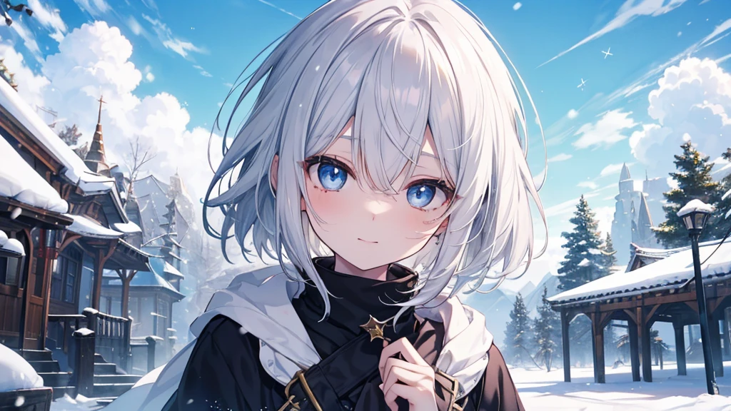 super high quality, with a girl, 20-year-old, very short hair, long bangs between the eyes, pale blue eyes , blue sky, sunlight, very detailed,(masterpiece、highest quality)、alone、gray hair、laughter、White skin as clear as snow、fantasy, silver hair, black eye, beautiful eyes,, ecstasy, charm, be smitten with audience, fantasyな風景、snow scene、white muffler、white breath