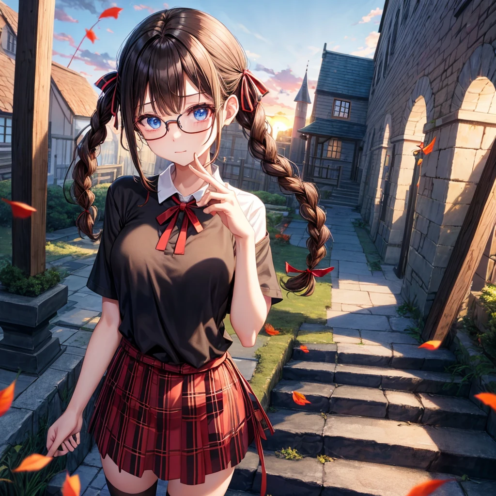black brown hair、Red-blonde、blue eyes、Braid、one good looking girl、solo、anime、Plaid miniskirt、camisole、black t-shirt、Tilting your face、Doing the ribbon、Ribbon at waist、sunset sky、stone stairs、tunnel、Fallen leaves、wearing glasses、Burning、Light and shadow、maze、balloon、monster castle、lanthanum、corridor、Black socks、mossy stone
