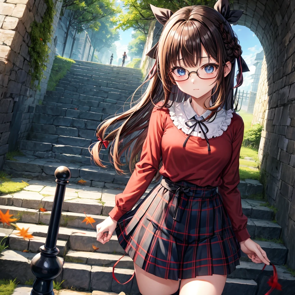 black brown hair、Red-blonde、blue eyes、Braid、one good looking girl、solo、anime、Plaid miniskirt、camisole、black t-shirt、Tilting your face、Doing the ribbon、Ribbon at waist、sunset sky、stone stairs、tunnel、Fallen leaves、wearing glasses、Burning、Light and shadow、maze、balloon、monster castle、lanthanum、corridor、Black socks、mossy stone