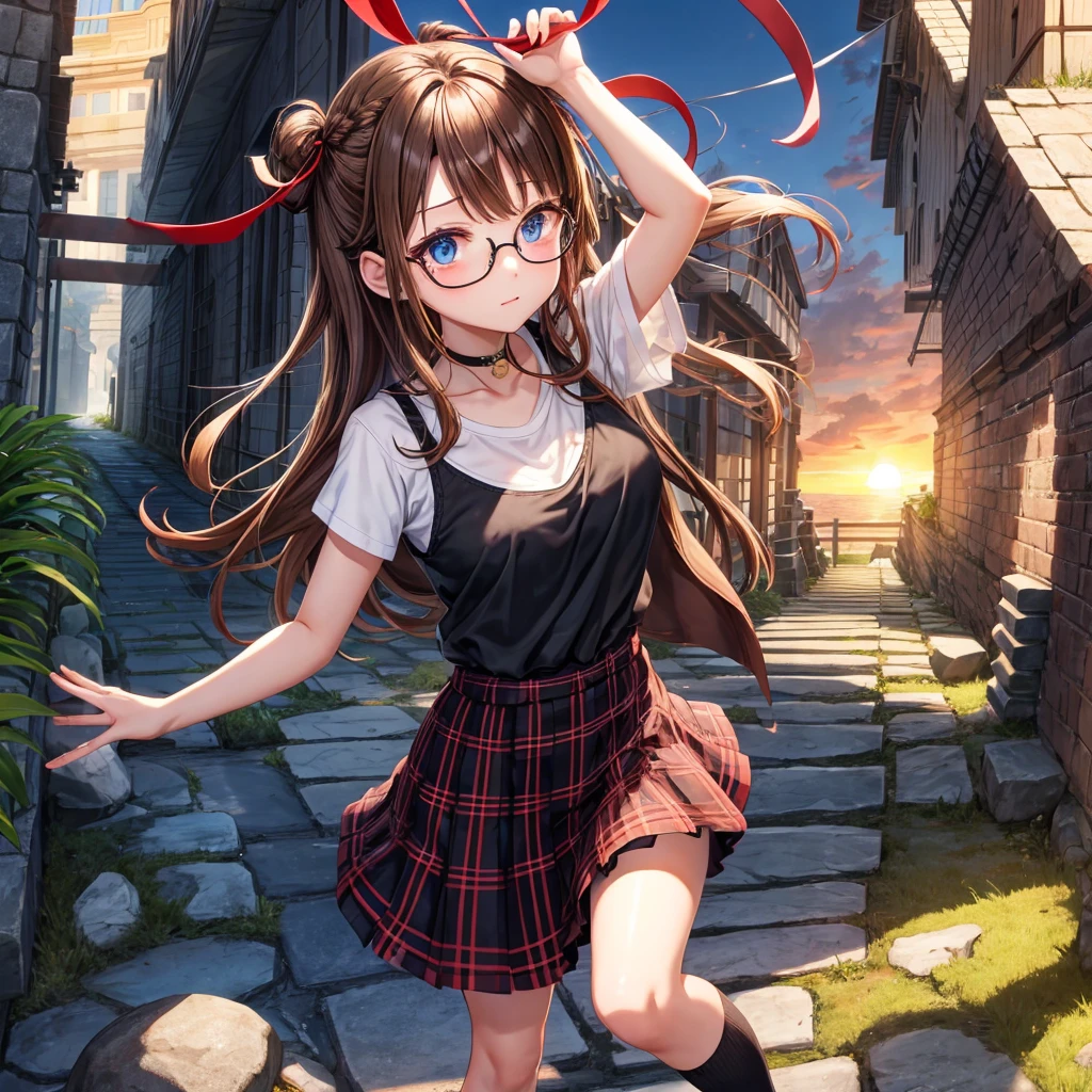 black brown hair、Red-blonde、blue eyes、Braid、one good looking girl、solo、anime、Plaid miniskirt、camisole、black t-shirt、Tilting your face、Doing the ribbon、Ribbon at waist、sunset sky、stone stairs、tunnel、Fallen leaves、wearing glasses、Burning、Light and shadow、maze、balloon、monster castle、lanthanum、corridor、Black socks、mossy stone