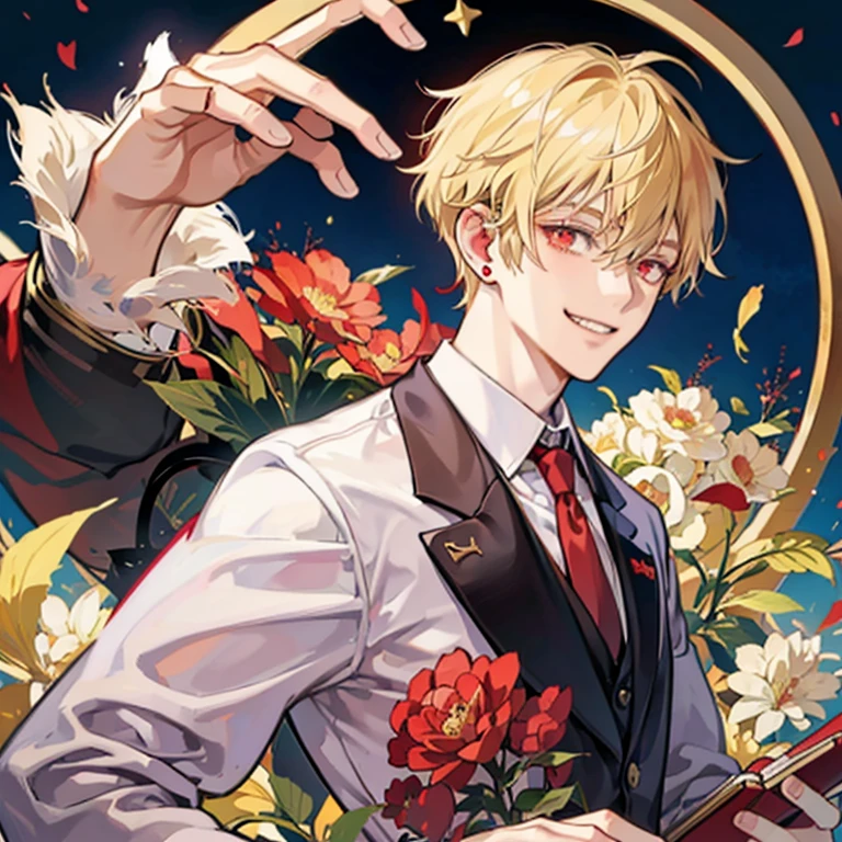 short blonde anime guy,red eyes, blazer, Blonde madman,grin and laugh,nihilistic smile, 背が高い red eyes,Star-shaped earrings,upper body up