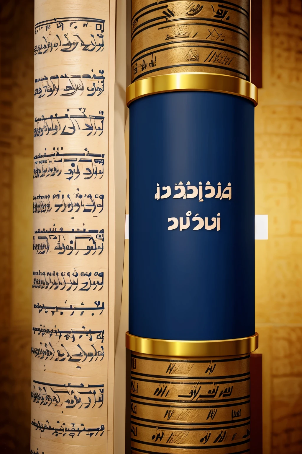 An animated illustration of a scroll with Hebrew writings, representing the Torah, rodeado por uma aura dourada. You can also include a small synagogue in the background to provide context..